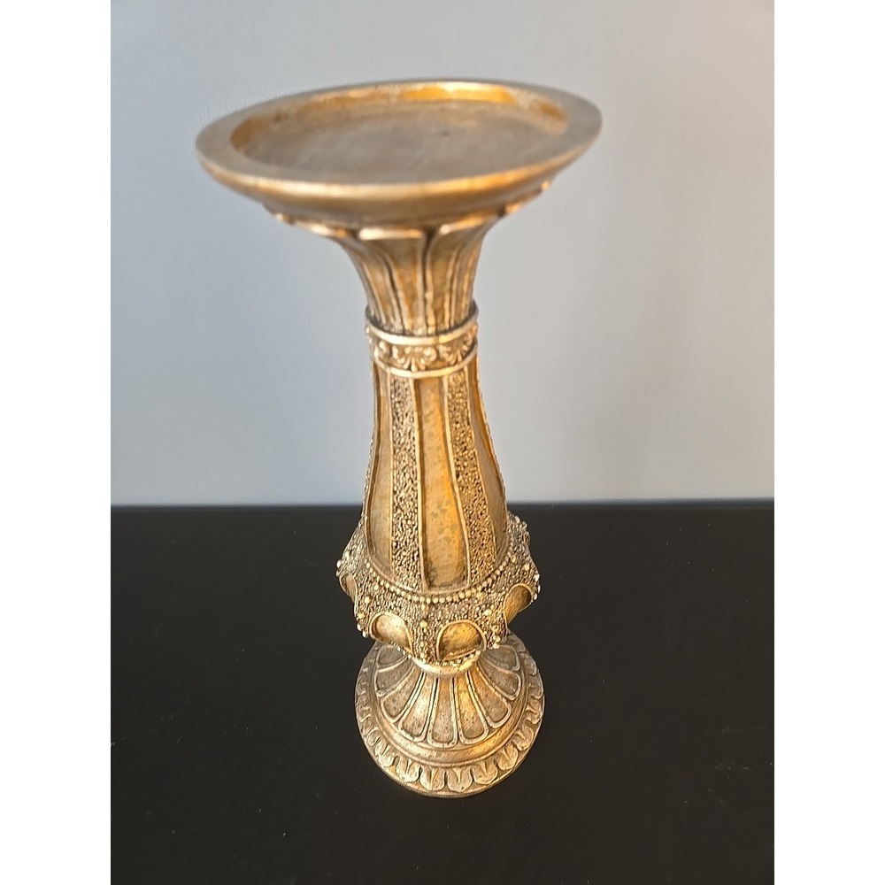 Silver Bronze Tone Embossed Beaded Pedestal Candle Holders 12" Tall Resin - Picture 2 of 11
